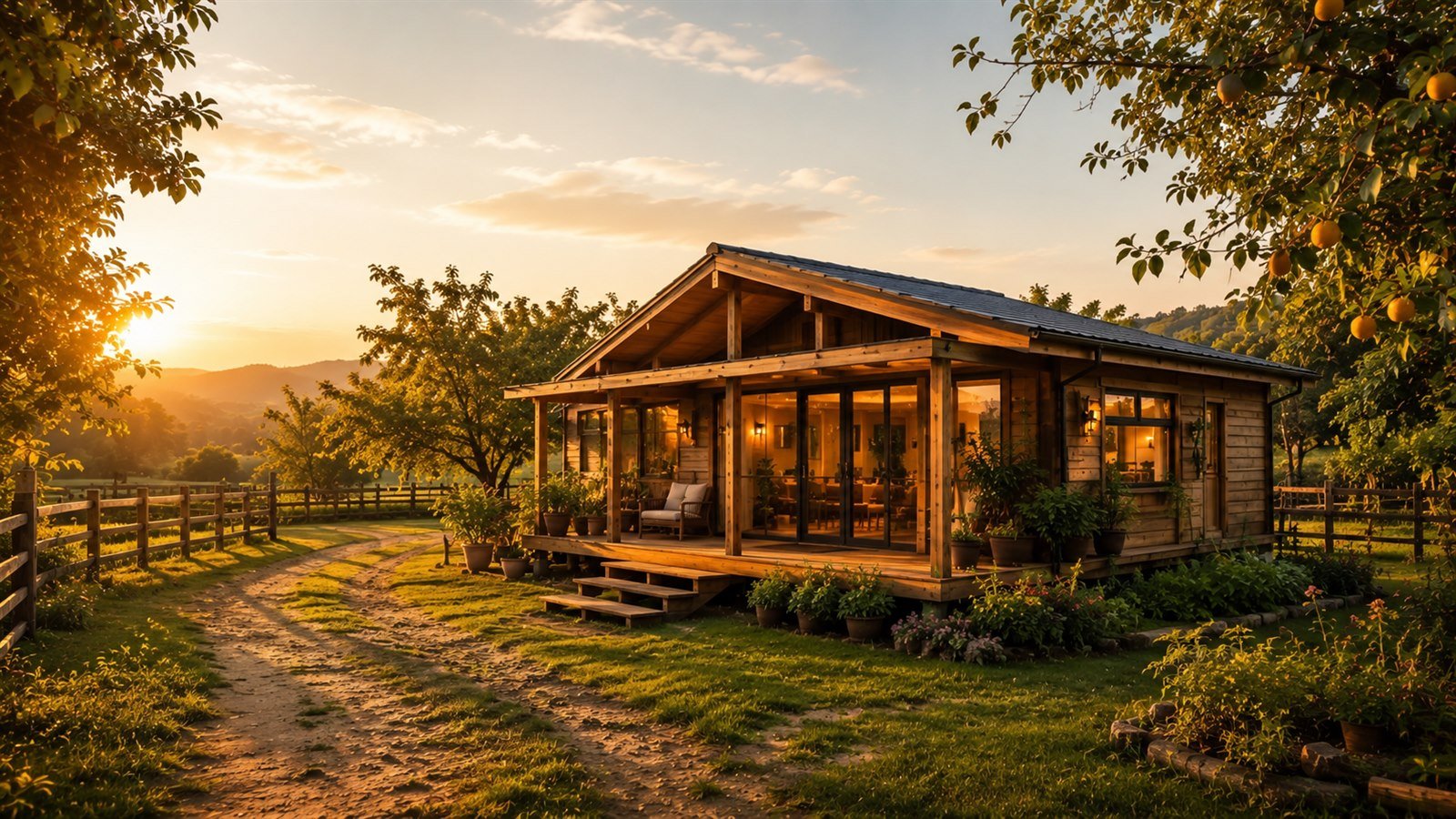 Casa de madeira contemporânea ao pôr do sol em paisagem natural