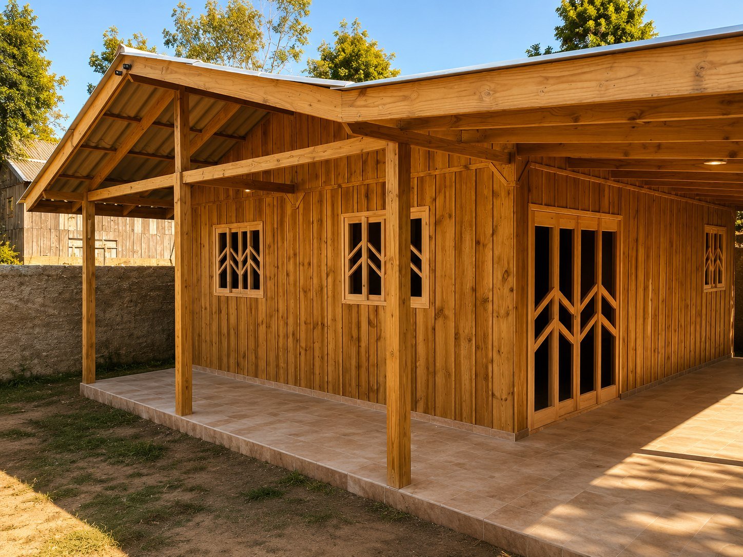 Fachada de casa de madeira com varanda envolvente e portas coloniais