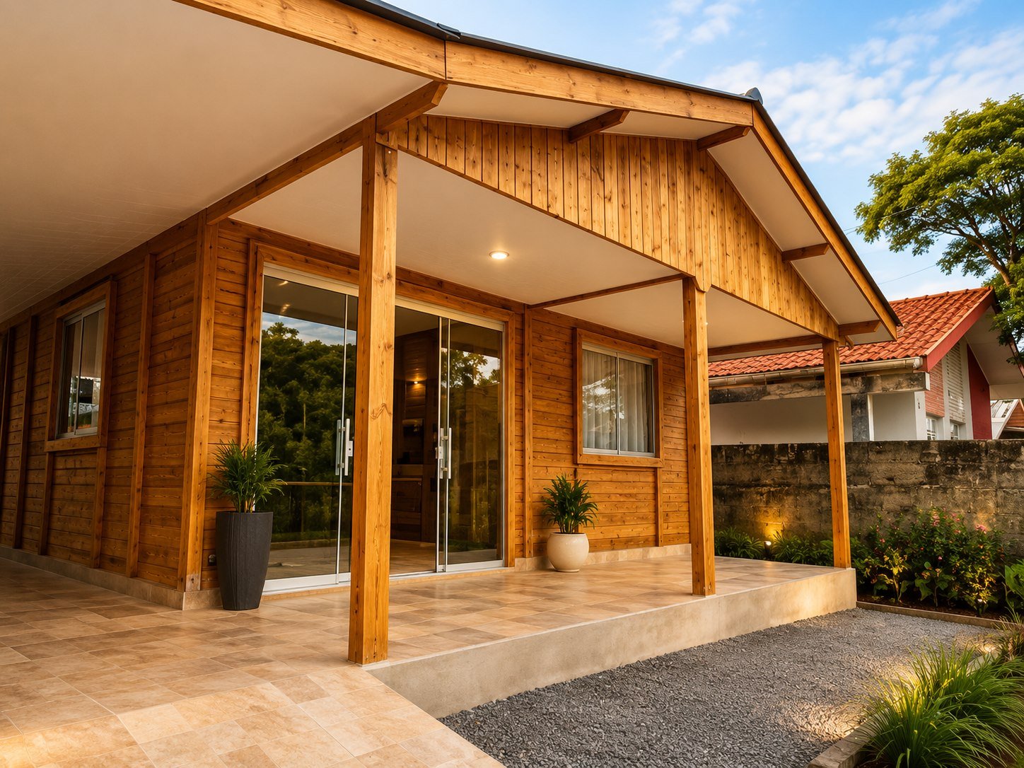 Fachada acabada de casa de madeira com vidro, varanda e paisagismo