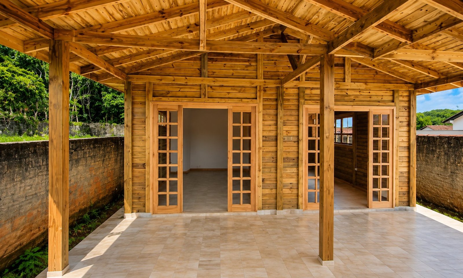 Varanda frontal com estrutura aparente e portas coloniais de madeira
