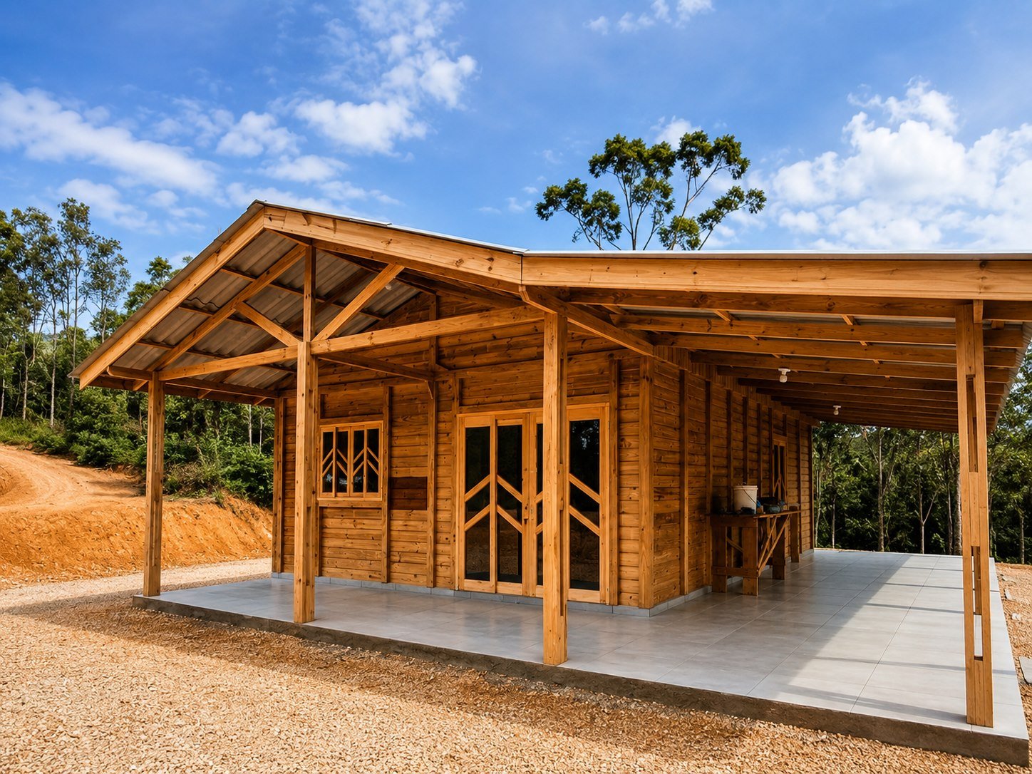 Casa de madeira com varanda em terreno junto a mata da Serra do Mar