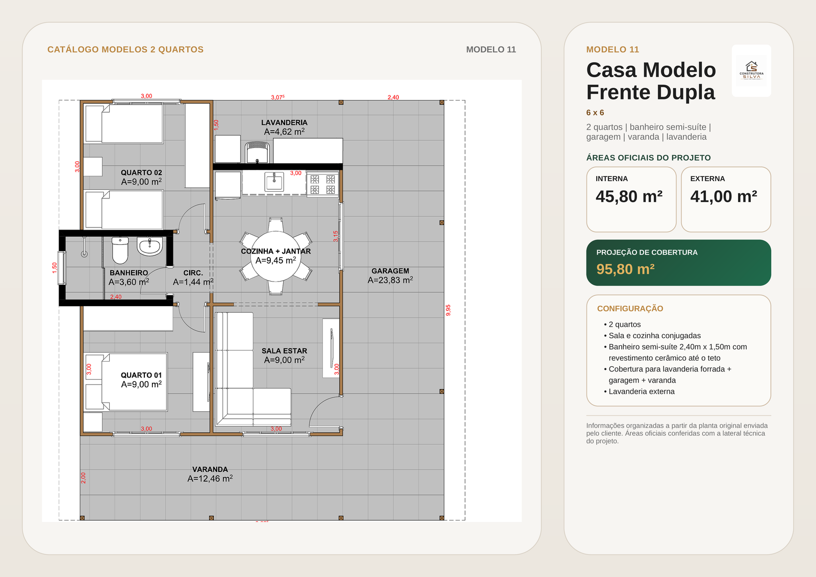 Planta representativa da Casa com 2 Quartos, Modelo 11, 6 por 6