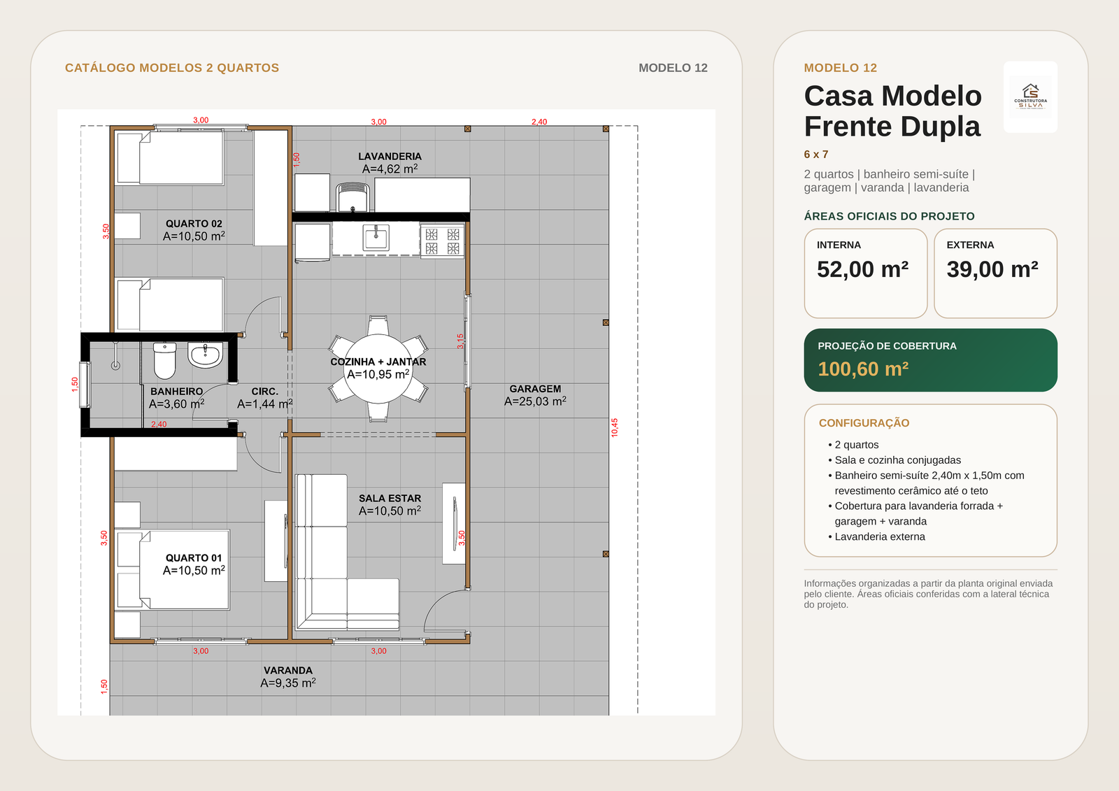 Casa com 2 Quartos, Modelo 12, 6 por 7