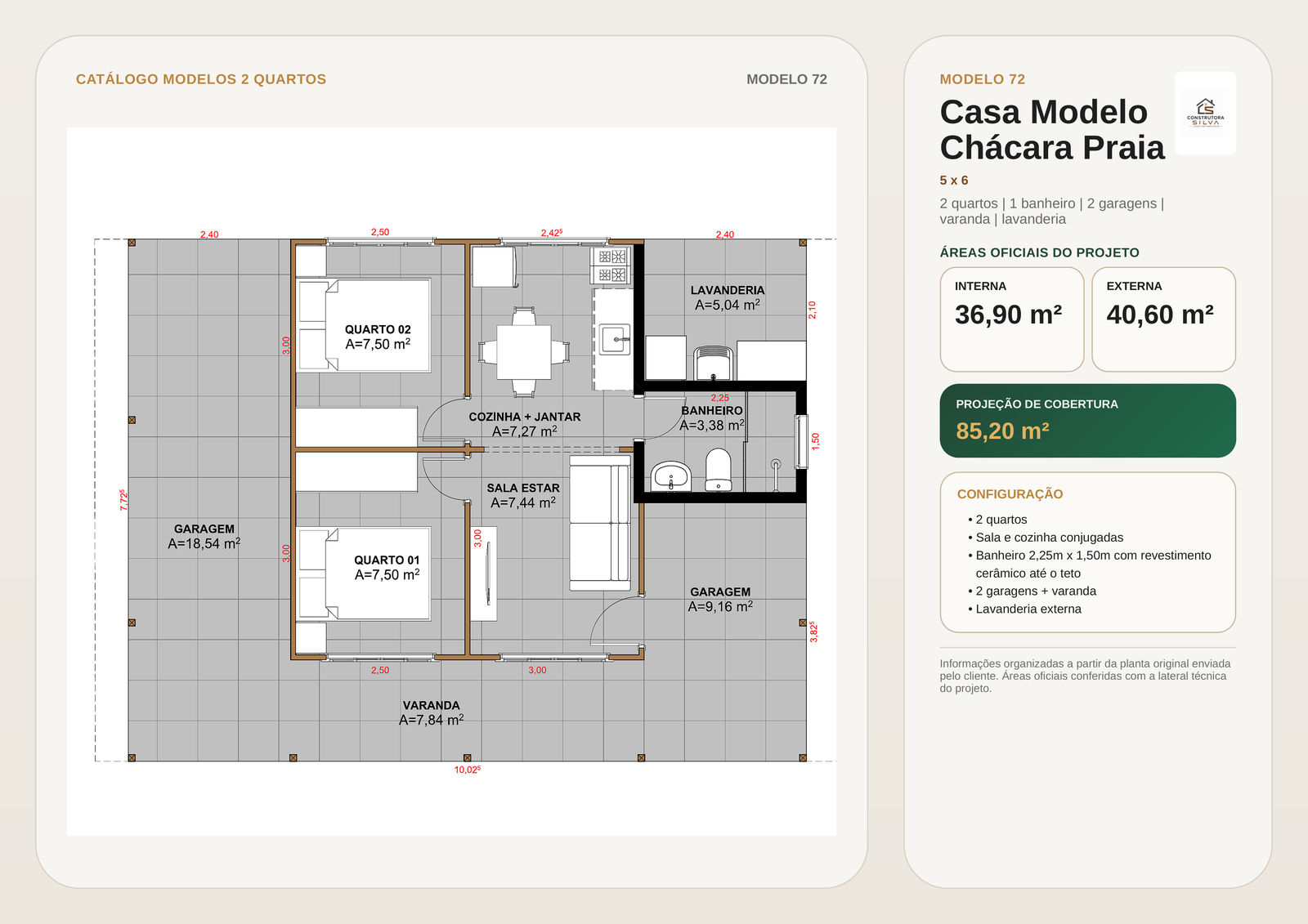 Casa com 2 Quartos, Modelo 72, 5 por 6