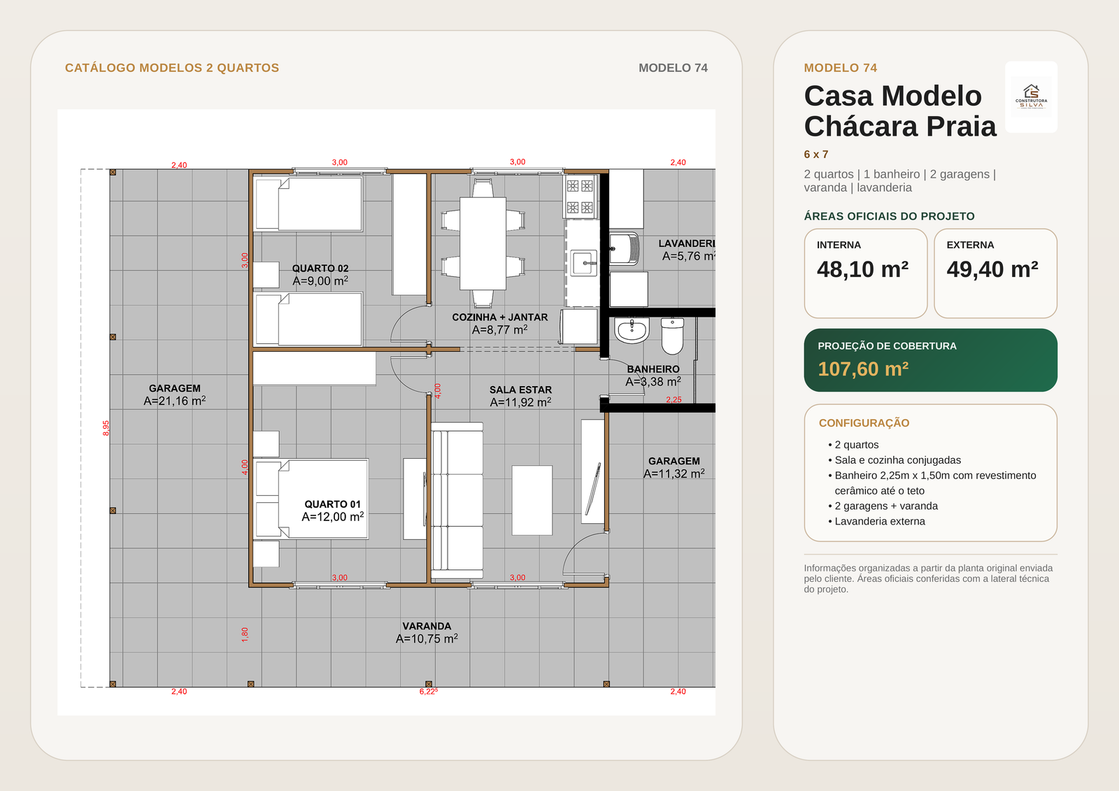 Casa com 2 Quartos, Modelo 74, 6 por 7