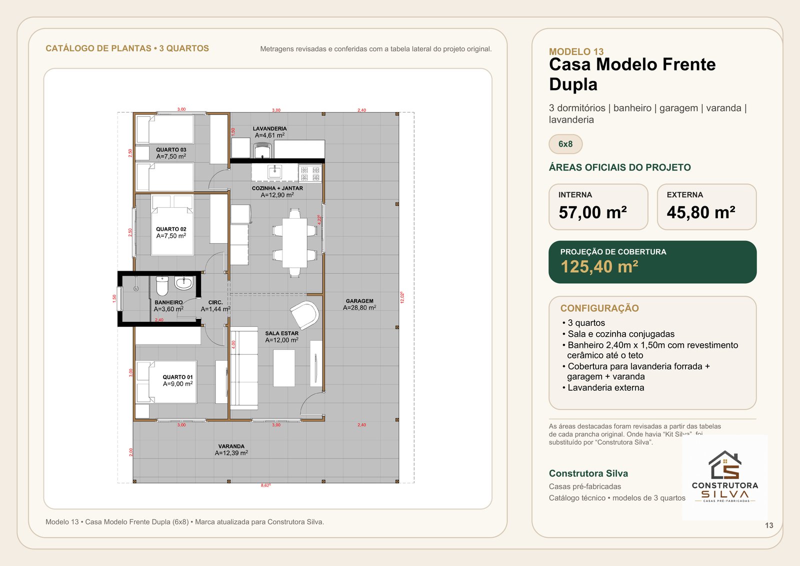 Casa com 3 Quartos, Modelo 13, 6 por 8