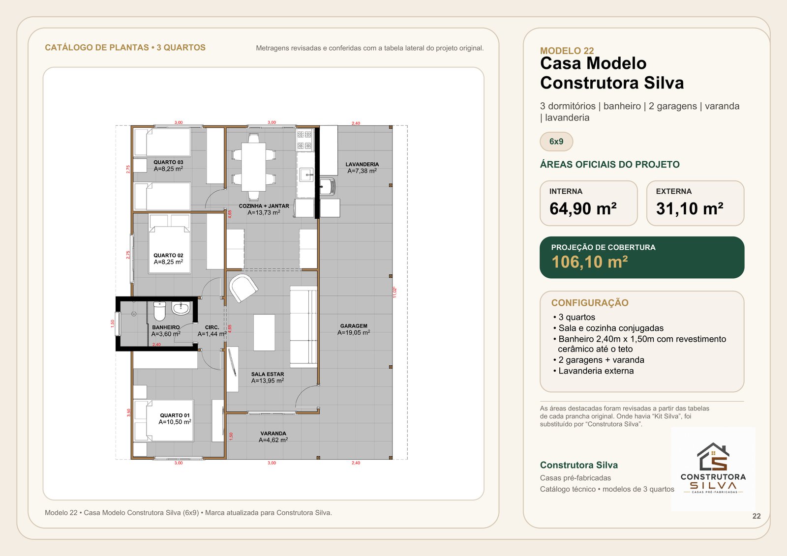 Casa com 3 Quartos, Modelo 22, 6 por 9