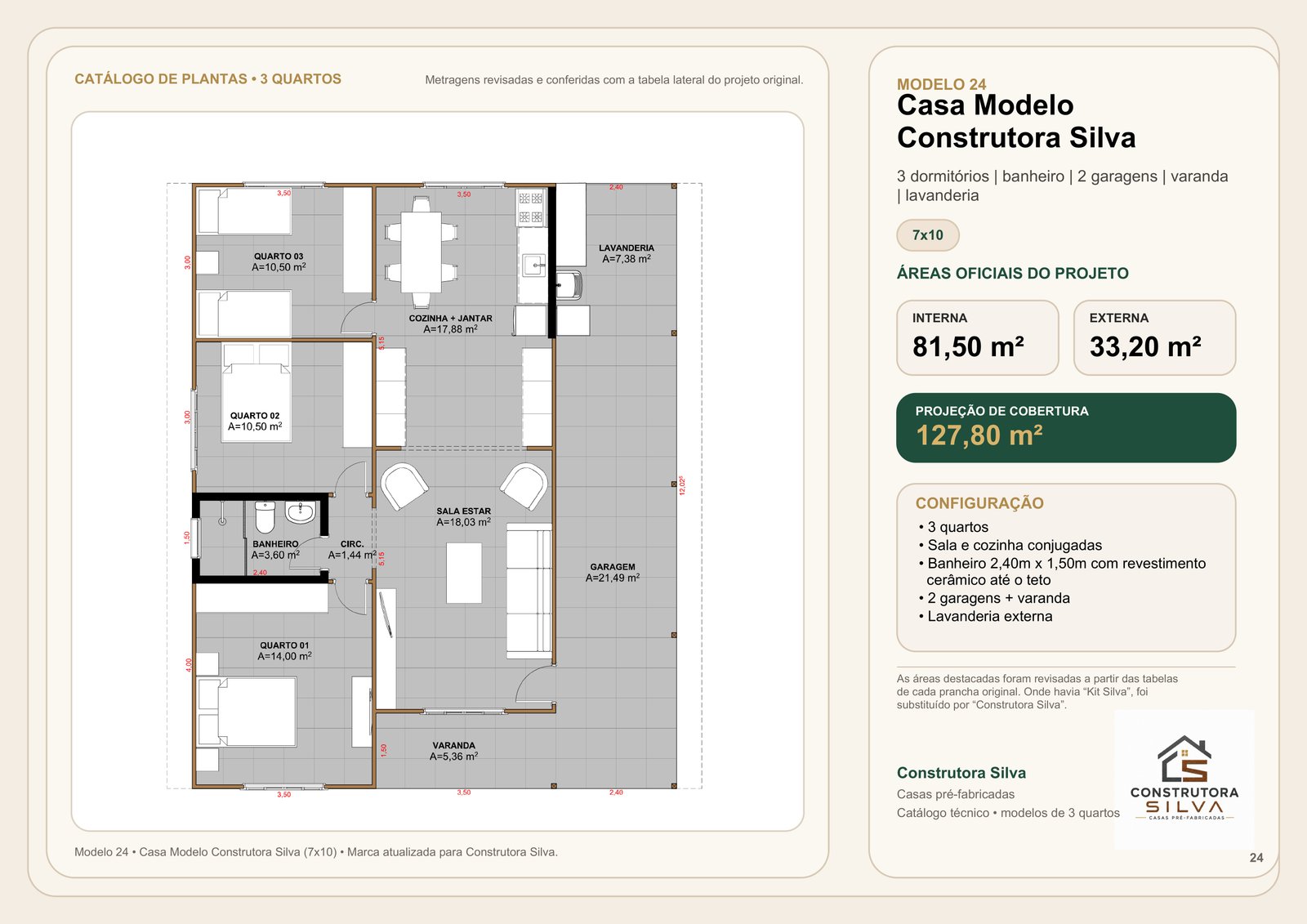 Casa com 3 Quartos, Modelo 24, 7 por 10