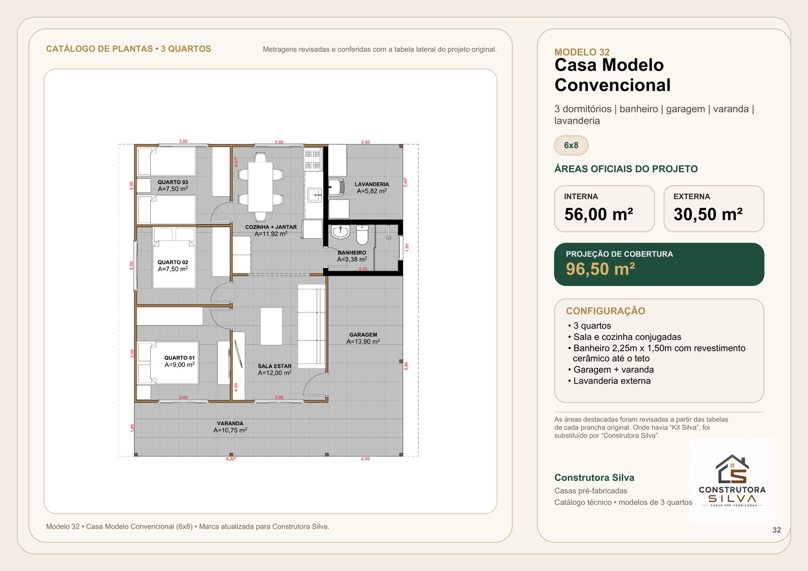 Casa com 3 Quartos, Modelo 32, 6 por 8