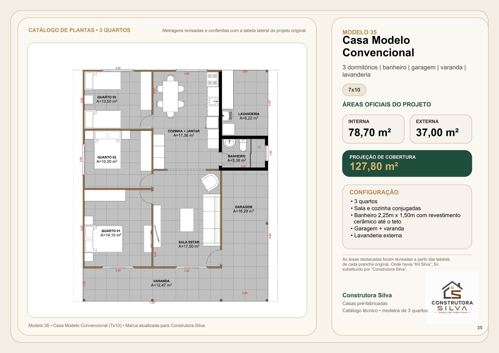 Casa com 3 Quartos, Modelo 35, 7 por 10