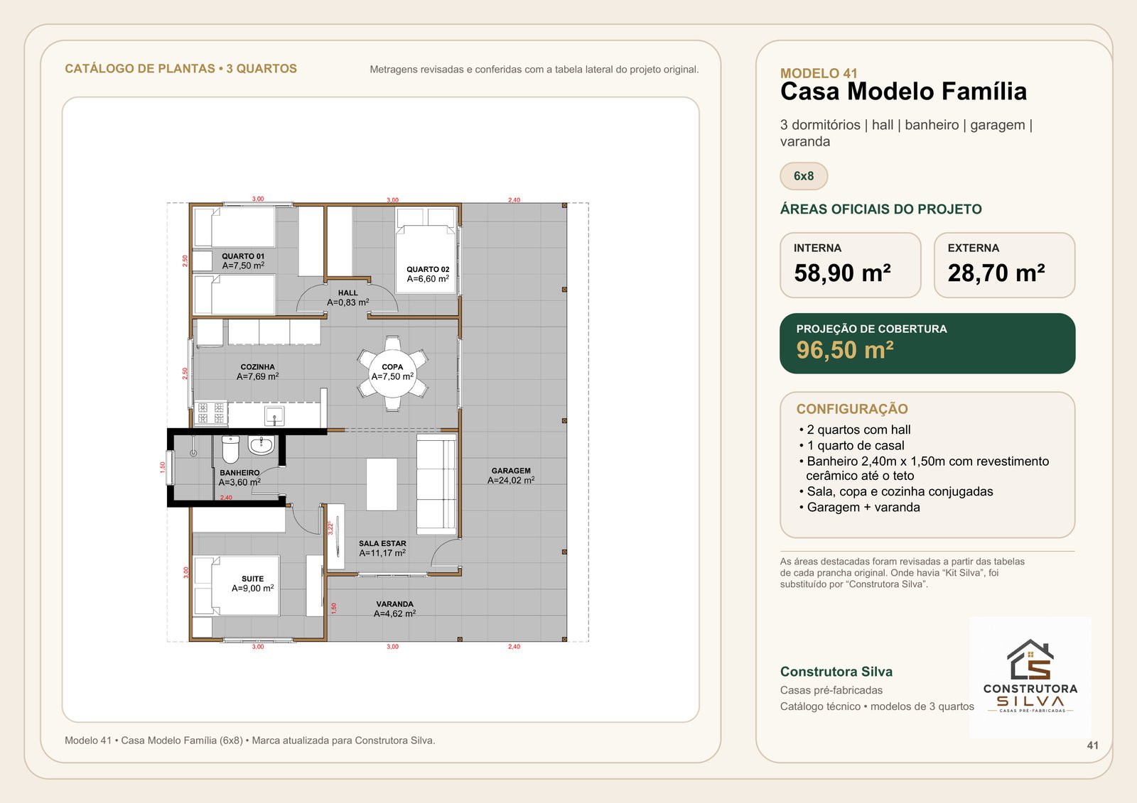 Casa com 3 Quartos, Modelo 41, 6 por 8