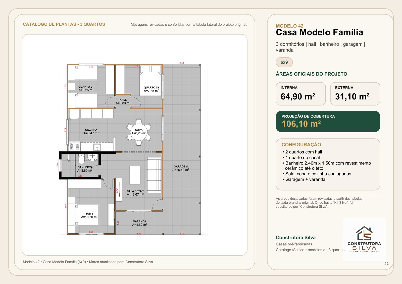 Casa com 3 Quartos, Modelo 42, 6 por 9