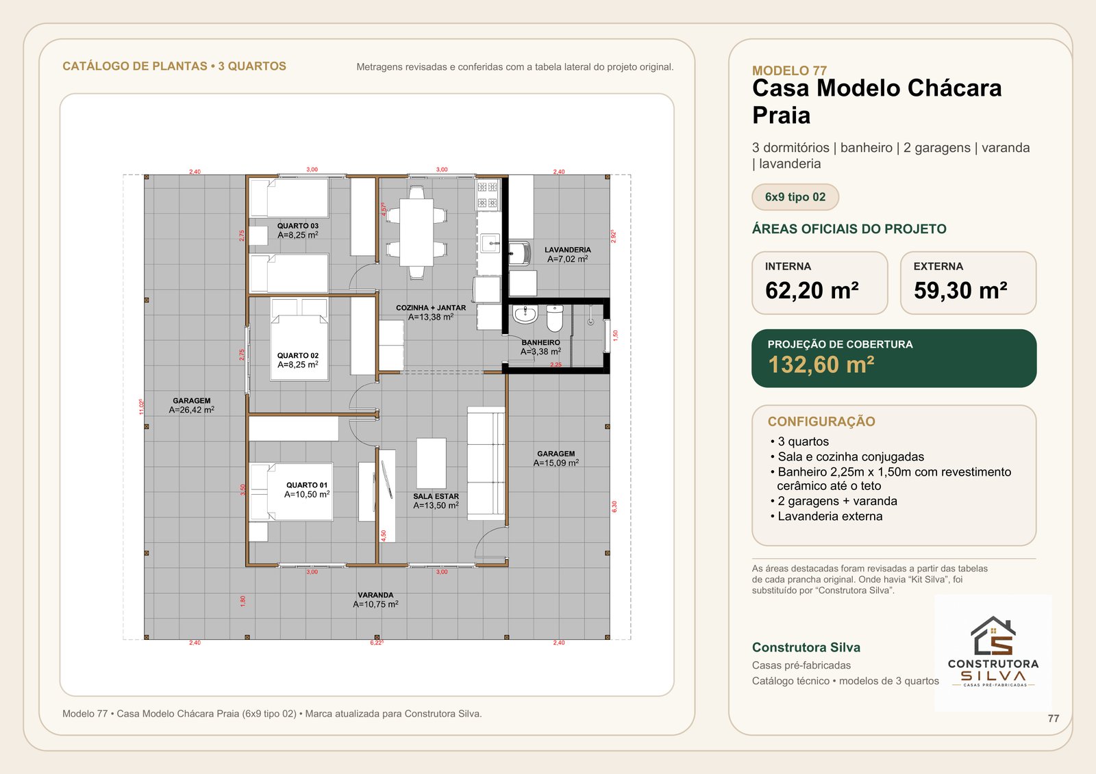 Casa com 3 Quartos, Modelo 77, 6 por 9